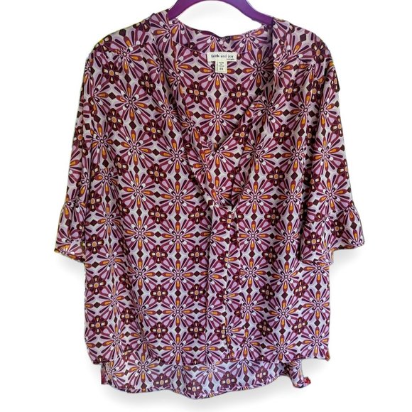 Faith and Joy Los Angeles Lightweight Lavender Brown Geometric Floral Top 2X - Picture 1 of 9